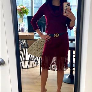 NWT, cowl-neck sweater dress with fringe bottom